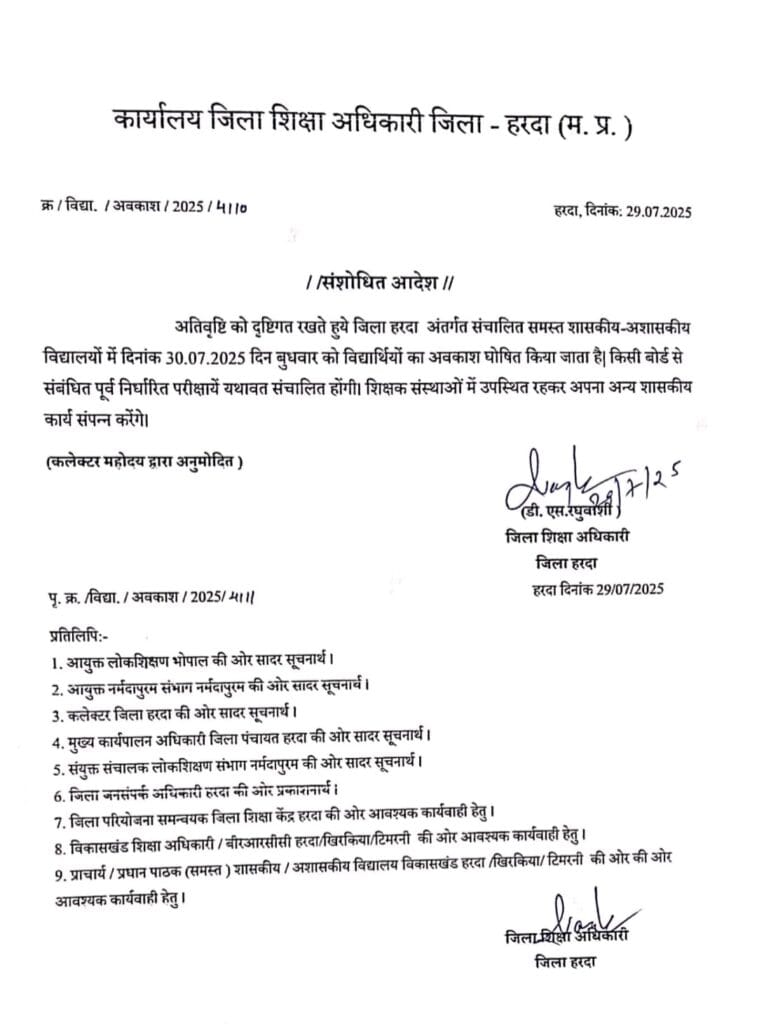 भारी बरसात की संभावना को देखते हुए हरदा जिले में शासकीय-अशासकीय विद्यालयों में अवकाश घोषित 13 भारी बरसात की संभावना को देखते हुए हरदा जिले में शासकीय-अशासकीय विद्यालयों में अवकाश घोषित